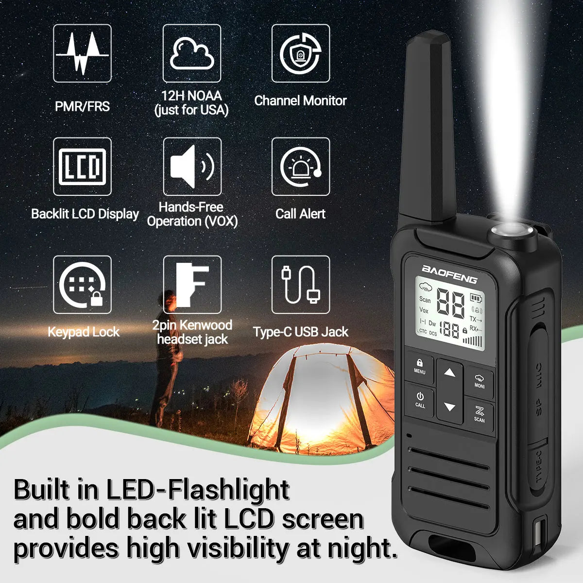 2PCS Baofeng F22 PMR FRS Mini Walkie Talkie Waterproof Type-C
